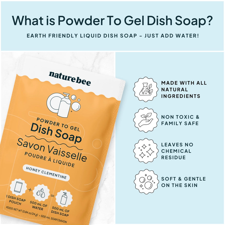 Liquid Dish Soap Refill - Powder-to-Gel, Vegan, Plastic-free, Non-toxic